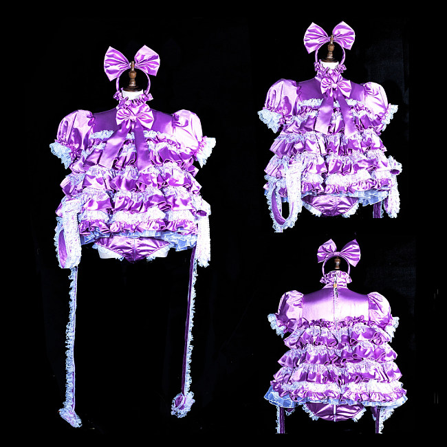 Fondcosplay Handmade Lockable Sissy Maid Crossdressing Satin Ruffle Dress with Integrated Panties & handcuffs – Purple [G3846]