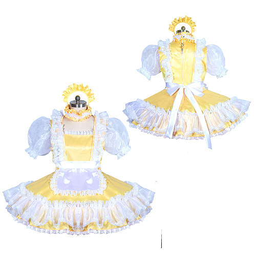 Fondcosplay Lockable Sissy Maid Dress Yellow & White Satin Organza Crossdressing Outfit [G3899]