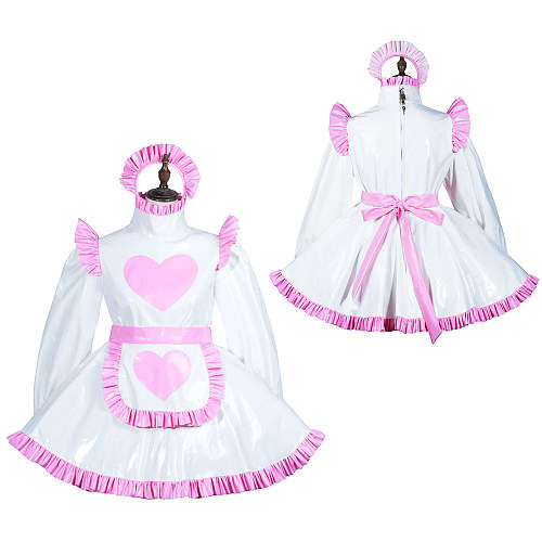 Fondcosplay Handmade Lockable Sissy Maid Crossdressing Thin PVC Dress – White & Pink [G3820]