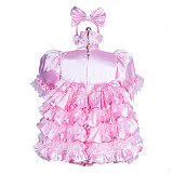 Fondcosplay Lockable Sissy Maid Dress Pink Satin with Handcuffs Crossdressing Outfit [G3882]