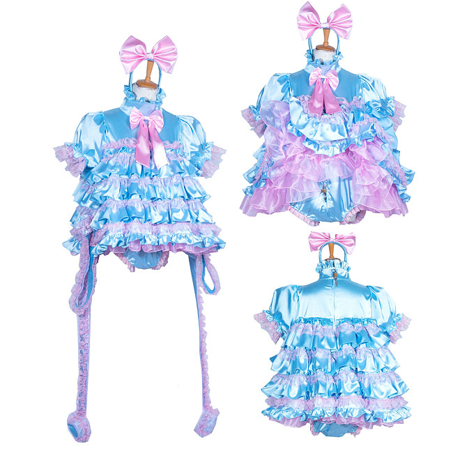 Fondcosplay Handmade Lockable Sissy Maid Crossdressing Satin Ruffle Dress with Integrated Panties – Blue & Pink [G3853]