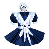 Fondcosplay Lockable Sissy Maid Dress Navy Blue & White Satin Crossdressing Outfit [G3879]