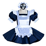 Fondcosplay Lockable Sissy Maid Dress Navy Blue & White Satin Crossdressing Outfit [G3879]
