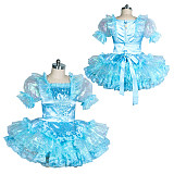 Fondcosplay Handmade Lockable Sissy Crossdressing Satin and Organza Short Maid Dress with Apron and Belt – Blue [G3866]