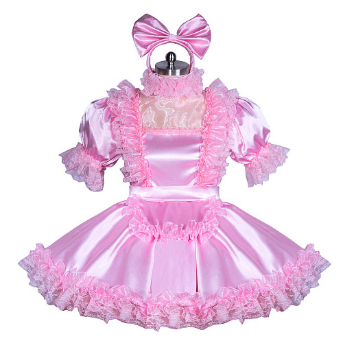 Fondcosplay Lockable Sissy Maid Dress Pink Satin Crossdressing Outfit [G3880]