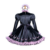 Fondcosplay Handmade Lockable Sissy Maid Crossdressing Satin French Maid Dress – Black with Pink Lace [G3861]