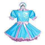 Fondcosplay Handmade Lockable Thin PVC Sissy Maid Dress with Apron and Headpiece – Blue & Pink [G3868]