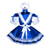 Fondcosplay Lockable Sissy Maid Dress Royal Blue & White Satin Crossdressing Outfit [G3891]