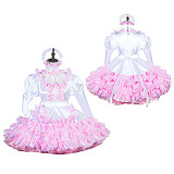 Fondcosplay Handmade Lockable Sissy Maid Crossdressing Organza & Satin Dress – White & Pink [G3826]
