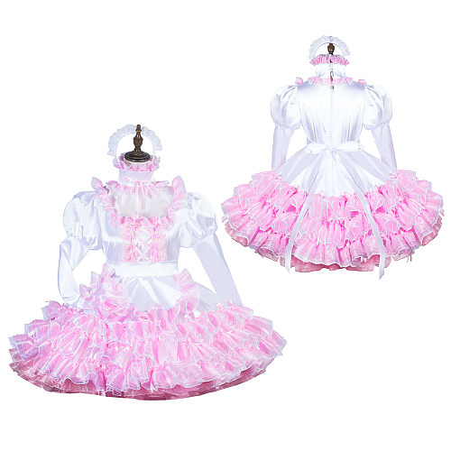 Fondcosplay Handmade Lockable Sissy Maid Crossdressing Organza & Satin Dress – White & Pink [G3826]
