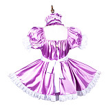 Fondcosplay Lockable Purple Satin Sissy Maid Crossdressing Romper Dress with One-Piece white Panties [G3814]
