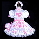 Fondcosplay Handmade Lockable Sissy Maid Crossdressing Satin Dress with Optional Petticoat, Bloomers & Bag – White & Pink [G3835]