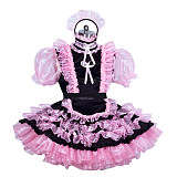 Fondcosplay Lockable Sissy Maid Dress Black & Pink Satin Organza Crossdressing Outfit [G3898]