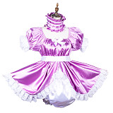 Fondcosplay Lockable Purple Satin Sissy Maid Crossdressing Romper Dress with One-Piece white Panties [G3814]