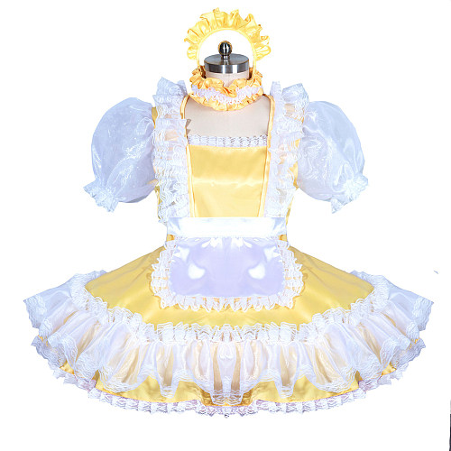 Fondcosplay Lockable Sissy Maid Dress Yellow & White Satin Organza Crossdressing Outfit [G3899]