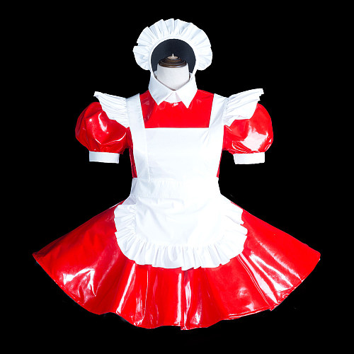 Fondcosplay Handmade Lockable Sissy Maid Crossdressing Thin PVC Dress – Red & White [G3844]