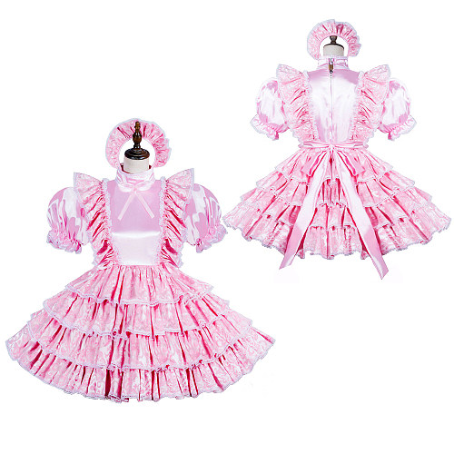 Fondcosplay Handmade Lockable Sissy Maid Crossdressing Satin Dress with Ruffle Layers – Pink [G3822]