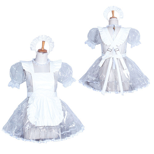 Fondcosplay Handmade Lockable Sissy Maid Crossdressing Clear PVC Dress – Transparent White [G3856]