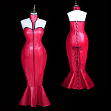 Fondcosplay Handmade Crossdressing Faux Leather Mermaid Long Dress – Red [G3837]