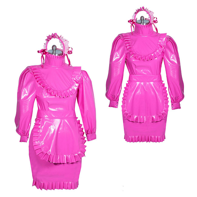 Fondcosplay Lockable Sissy Maid Dress Hot Pink Thin PVC Crossdressing Outfit [G3877]