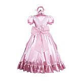 Fondcosplay Handmade Lockable Sissy Maid Crossdressing Satin Long Dress with Apron – Pink [G3865]