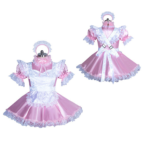 Fondcosplay Lockable Sissy Maid Dress Pink & White Satin Crossdressing Outfit [G3884]