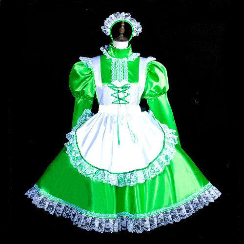 Fondcosplay Handmade Lockable Sissy Maid Crossdressing Satin Dress – Green & White [G3840]