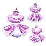 Fondcosplay Lockable Purple Satin Sissy Maid Crossdressing Romper Dress with One-Piece white Panties [G3814]