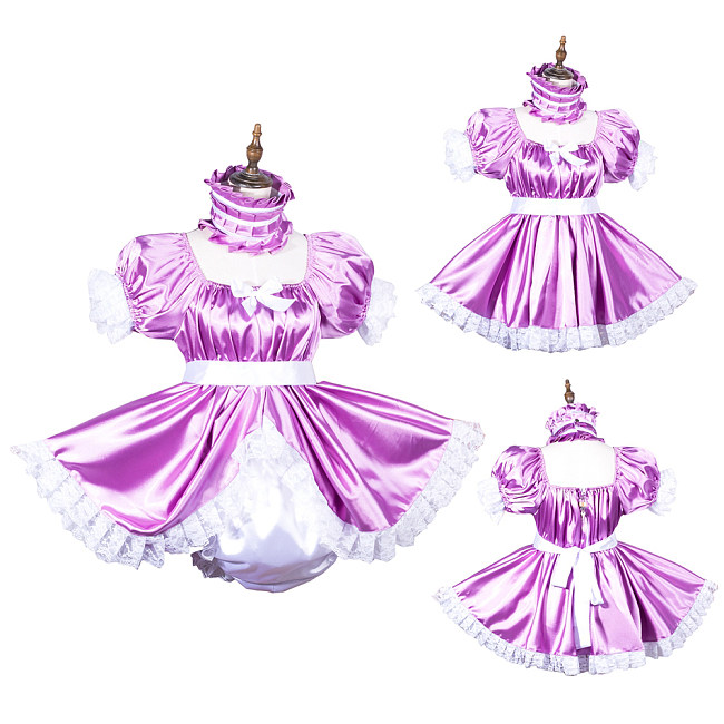 Fondcosplay Lockable Purple Satin Sissy Maid Crossdressing Romper Dress with One-Piece white Panties [G3814]