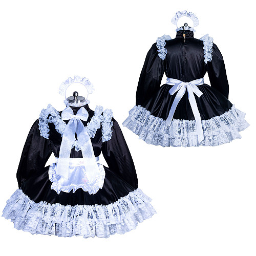 Fondcosplay Lockable Sissy Maid Dress Black & White Satin Crossdressing Outfit [G3876]