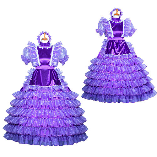 Fondcosplay Handmade Lockable Sissy Maid Crossdressing Satin & Organza Long Ruffle Dress – Purple [G3851]