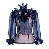 Fondcosplay Handmade Lockable Organza Sheer Blouse with Ruffles and Bow – Black [G3870]