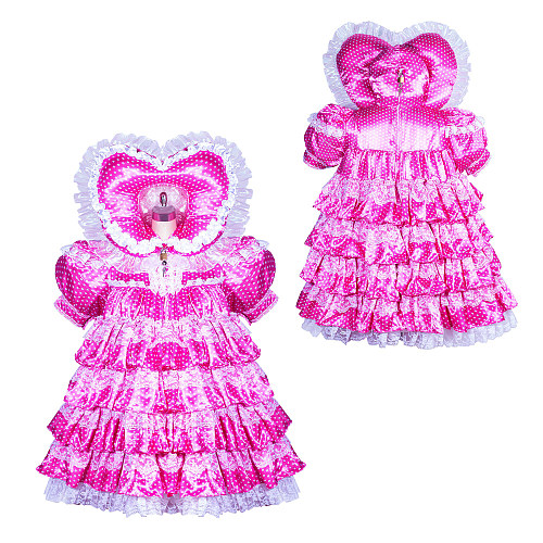 Fondcosplay Lockable Sissy Maid Crossdressing Hot Pink Dot Satin Ruffled Dress with Heart Bonnet [G3872]