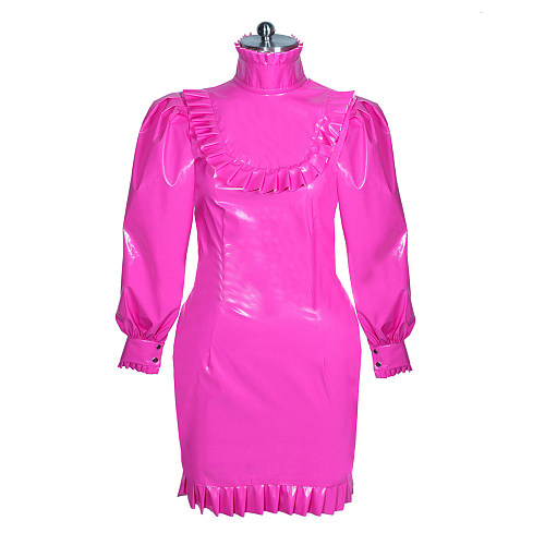 Fondcosplay Lockable Sissy Maid Dress Hot Pink Thin PVC Crossdressing Outfit [G3878]