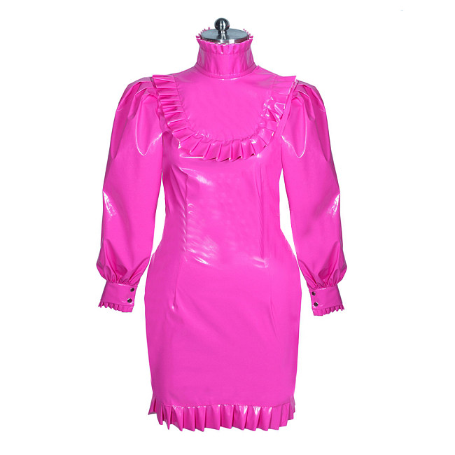 Fondcosplay Lockable Sissy Maid Dress Hot Pink Thin PVC Crossdressing Outfit [G3878]