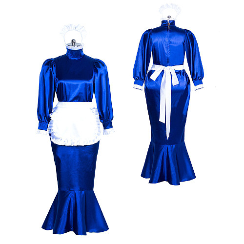 Fondcosplay Handmade Lockable Sissy Crossdressing Satin Mermaid Long Maid Dress with Apron – Royal Blue [G3867]