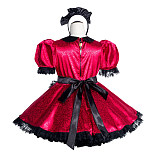 Fondcosplay Handmade Lockable Sissy Maid Dress Red Black Satin Crossdressing Outfit [G4000]
