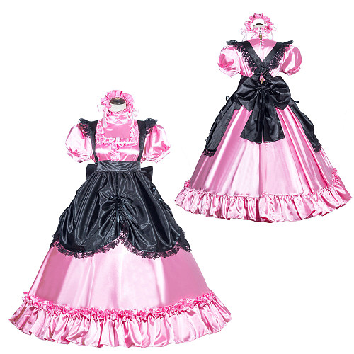Fondcosplay Handmade Lockable Sissy Maid Dress Pink Black Satin Crossdressing Outfit [G3993]
