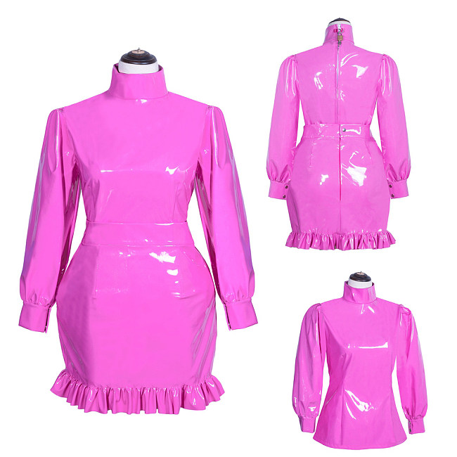 Fondcosplay Thin PVC Lockable Pink Blouse and Skirt Sissy Outfit [G3927]