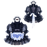 Fondcosplay Lockable Black Satin and Organza Sissy Maid Dress with White Apron [G3969]