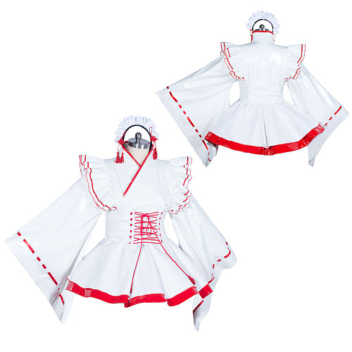 Fondcosplay White Heavy PVC Kimono Style Sissy Maid Dress with Red Trim [G3915]