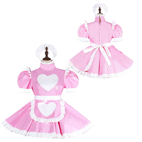 Fondcosplay Handmade Lockable Sissy Maid Dress Pink White Heart Heavy PVC Crossdressing Outfit [G4003]