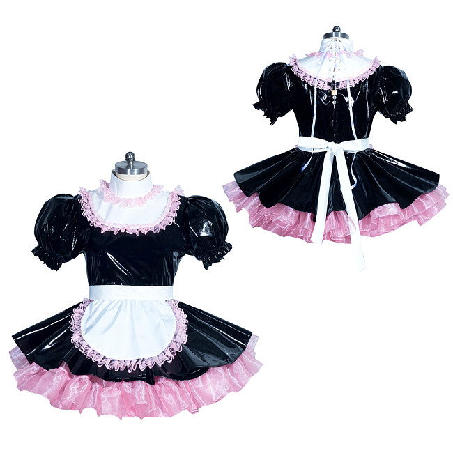 Fondcosplay Lockable Sissy Maid Thin PVC Dress Black with Pink Trim Crossdressing Costume [G3940]
