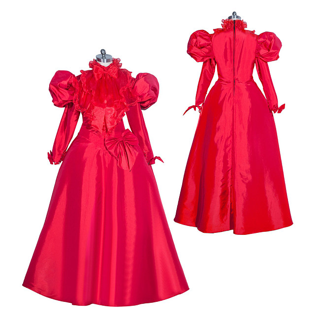 Fondcosplay Handmade Lockable Sissy Maid Dress Red Satin Crossdressing Outfit [G3994]