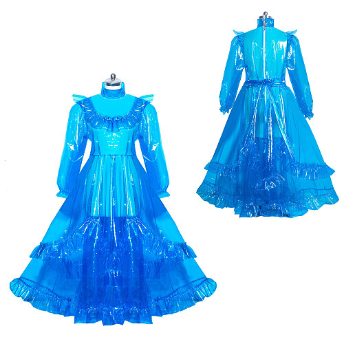 Fondcosplay Clear PVC Lockable Long Sissy Maid Dress in Transparent Blue [G3917]