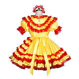 Fondcosplay Lockable Sissy Maid Satin Dress Yellow with Red Lace Crossdressing Costume [G3942]
