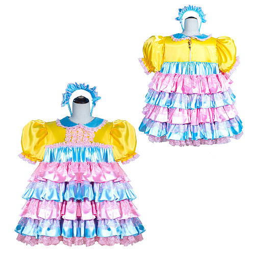 Fondcosplay Handmade Lockable Sissy Maid Dress Yellow Blue Pink Satin Crossdressing Outfit [G4007]