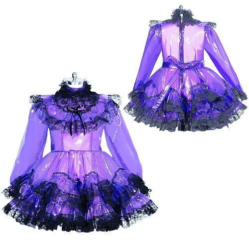 Fondcosplay Lockable Sissy Maid Clear PVC Dress Transparent Purple with Black Lace Crossdressing Costume [G3955]