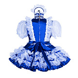 Fondcosplay Lockable Sissy Maid Satin and Organza Dress Royal Blue with White Ruffles Crossdressing Costume [G3958]