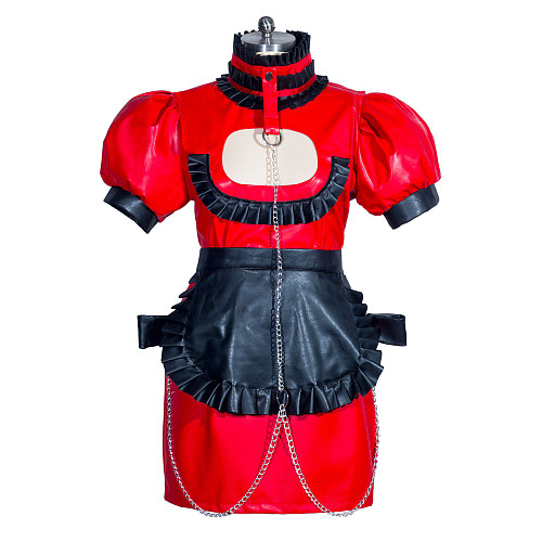 Fondcosplay Lockable Sissy Maid Faux Leather Dress Red and Black Crossdressing Costume with Chains [G3935]